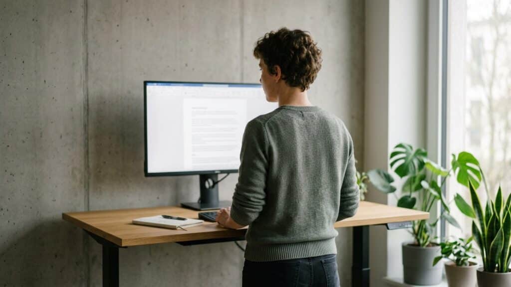 Someone reviewing a long privacy statement on a large monitor at a standing desk