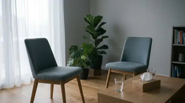 Two grey armchairs facing each other in a bright, empty room with a houseplant