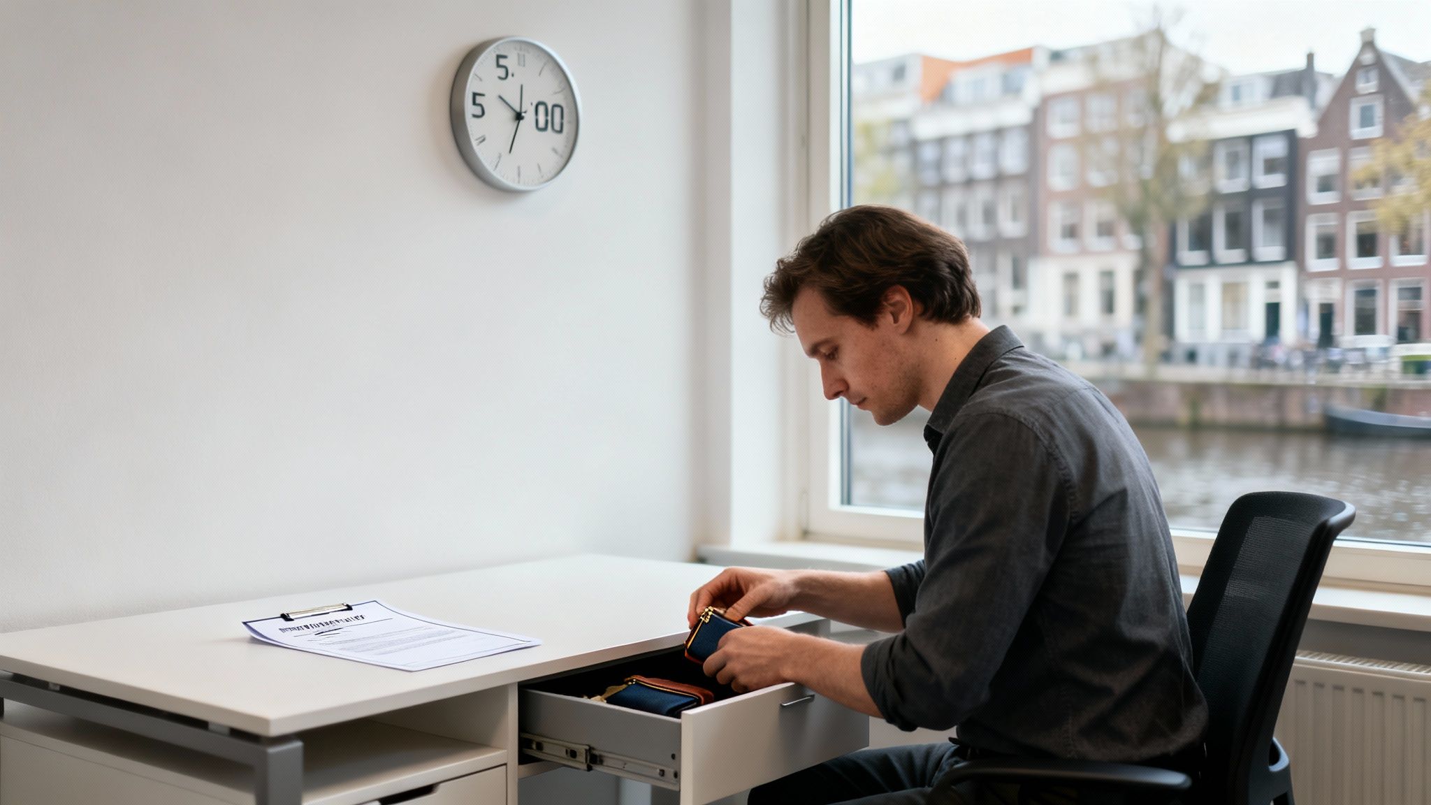 A man putting items into a desk drawer by a window, with a clock showing 5:00.