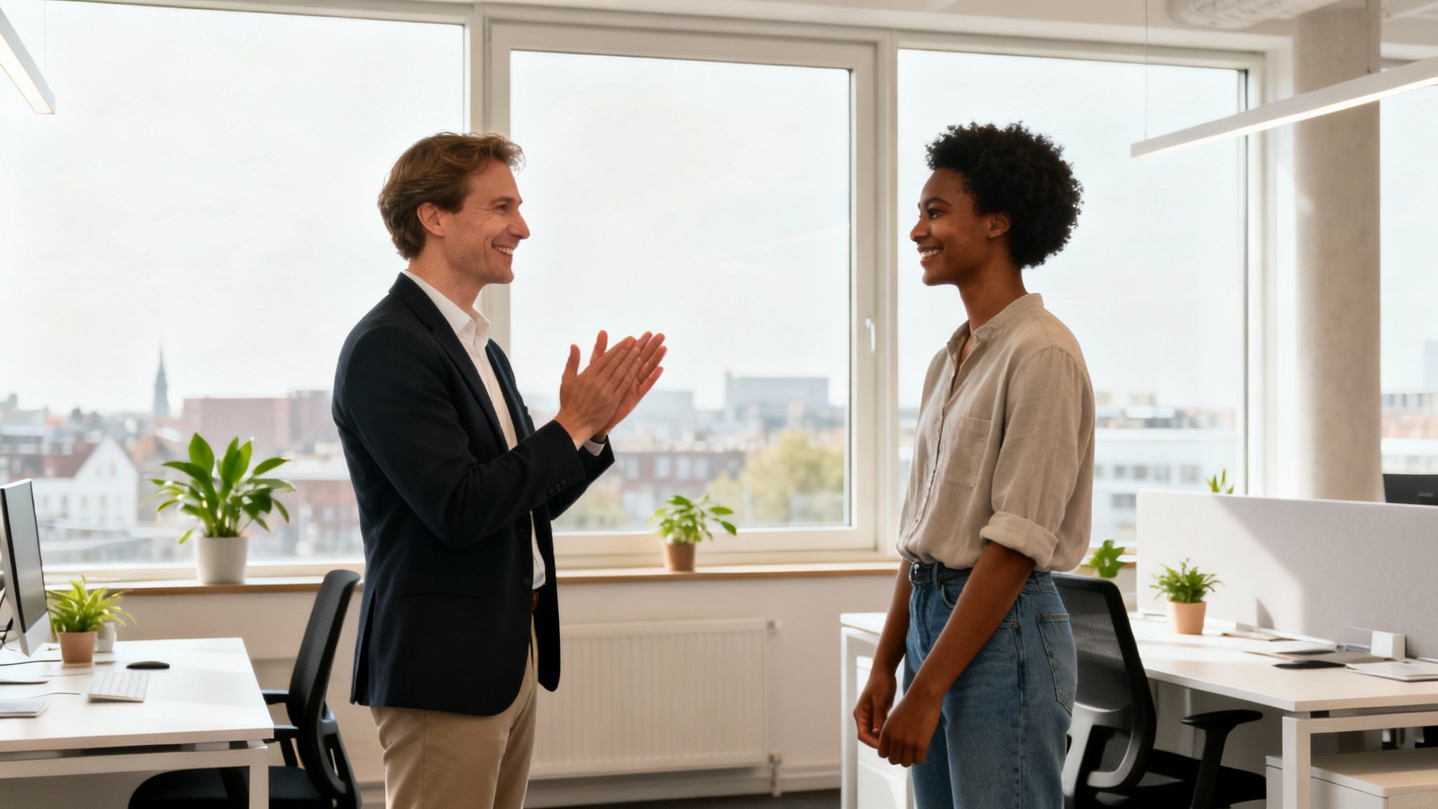 A smiling man claps for a smiling woman in a modern office with large windows, showing appreciation.