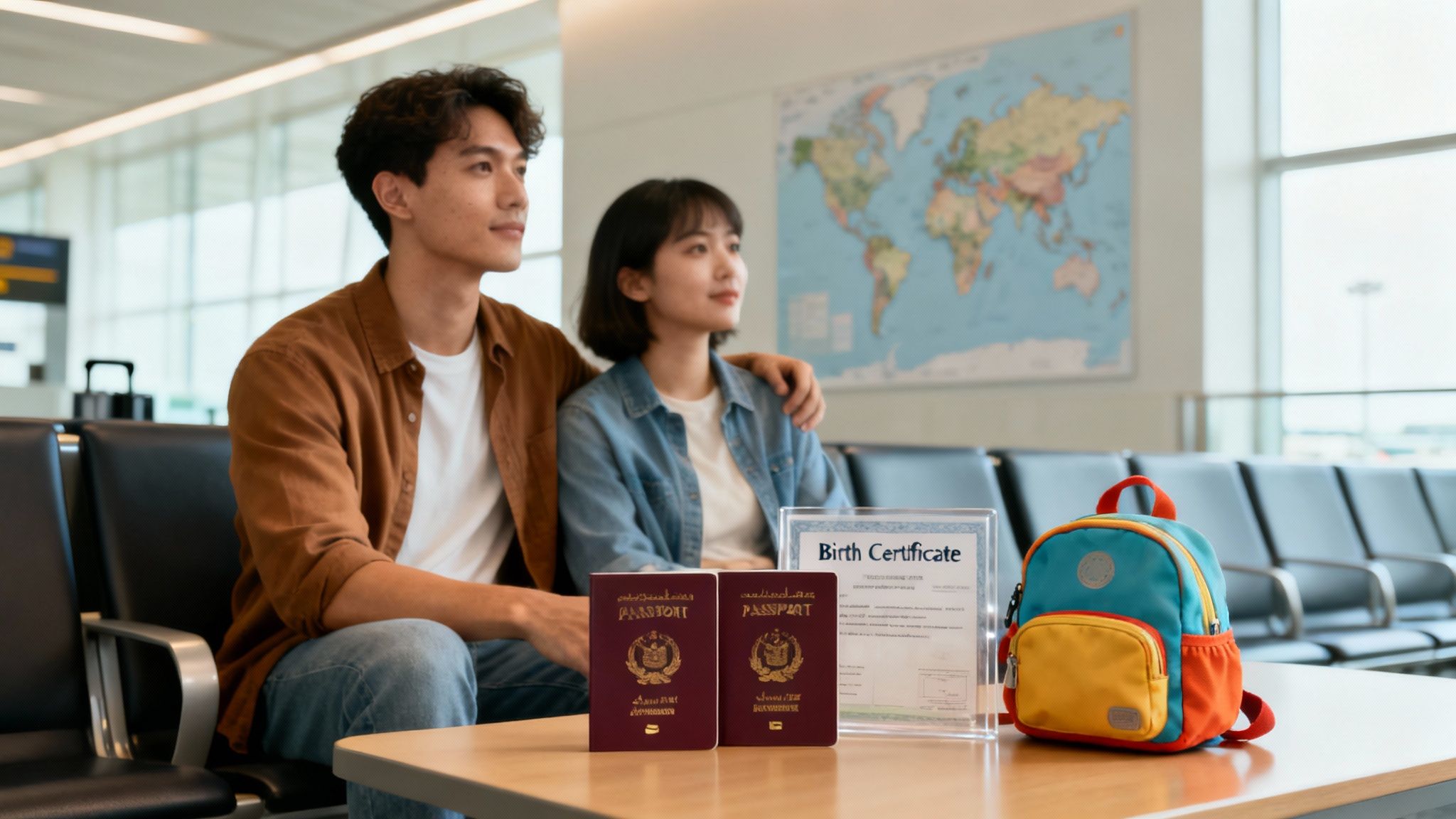 A hopeful couple at an airport with passports, a birth certificate, and a child's backpack, looking forward to their future.