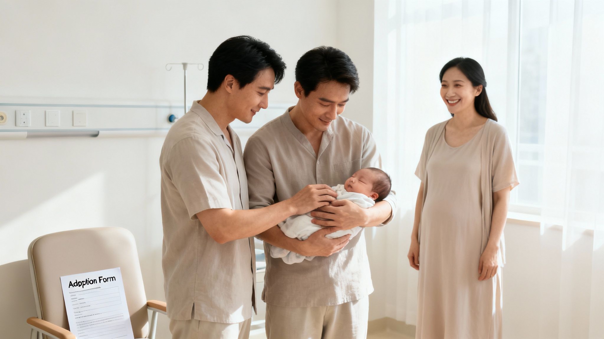 A same-sex couple happily looks at their newborn baby, with a smiling woman nearby and an adoption form.
