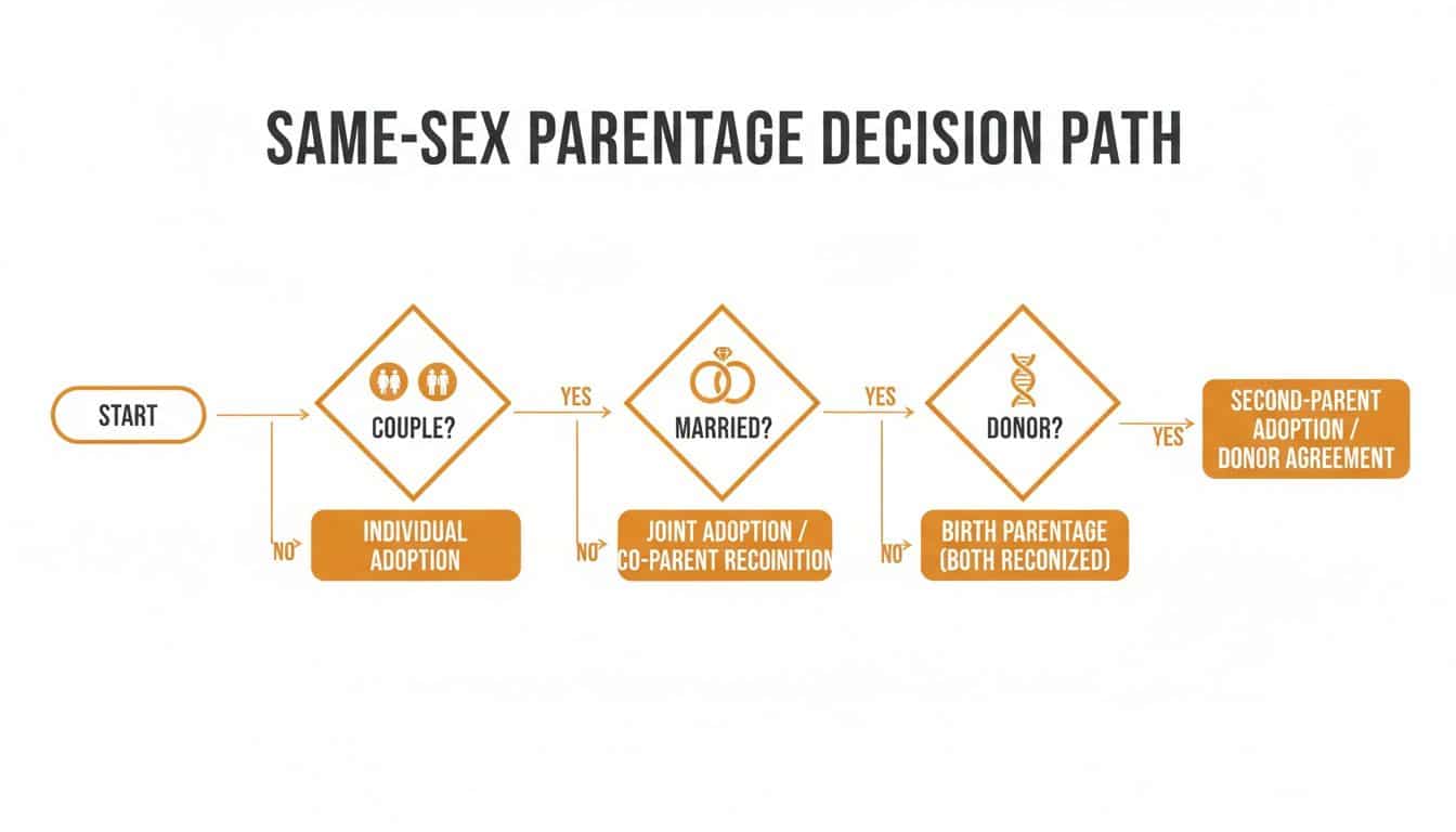 Flowchart illustrating the decision path for same-sex parenthood, including adoption, marriage, and donor considerations.