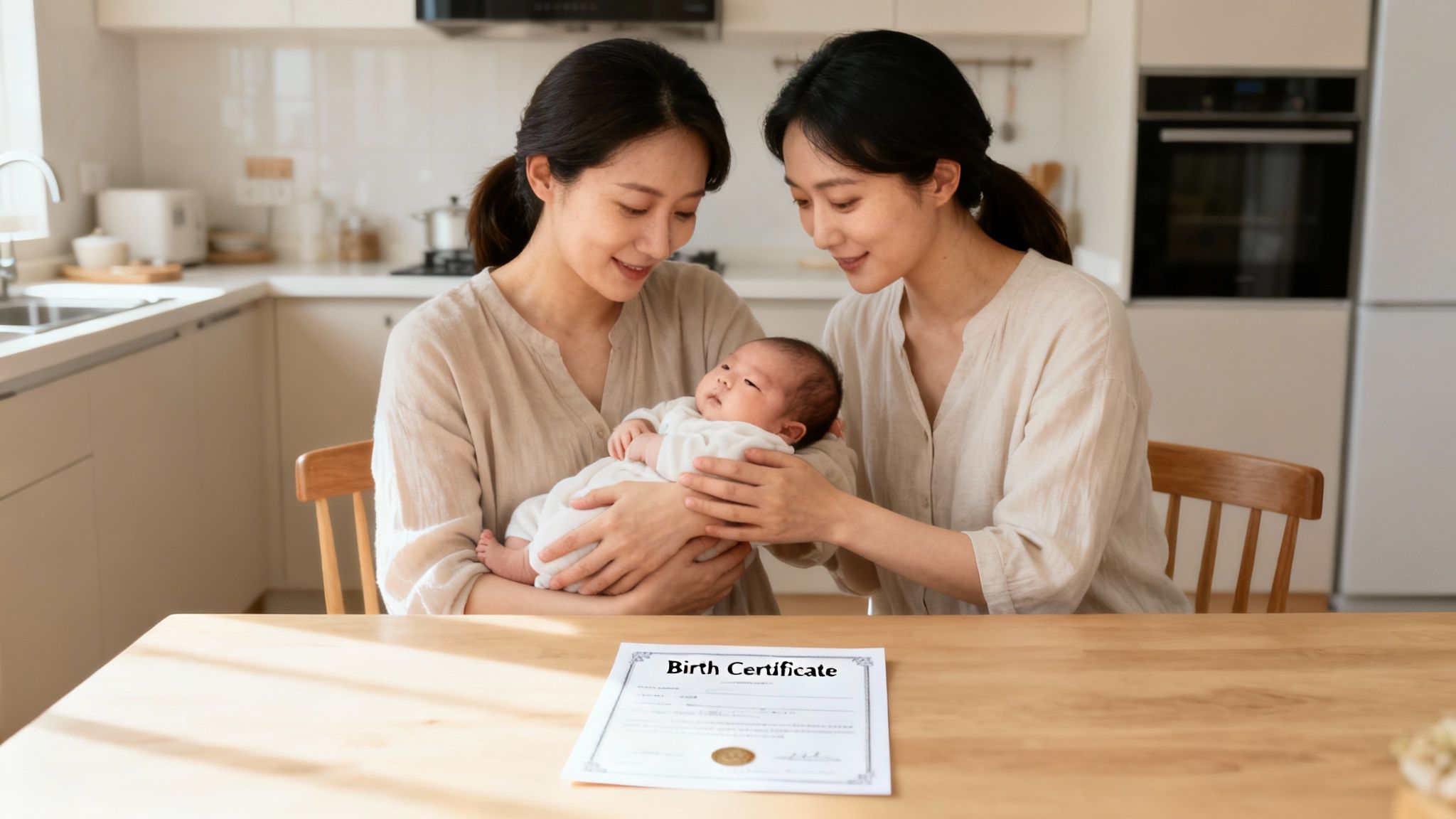 Two women, a same-sex couple, lovingly holding their newborn baby with a birth certificate on the table.