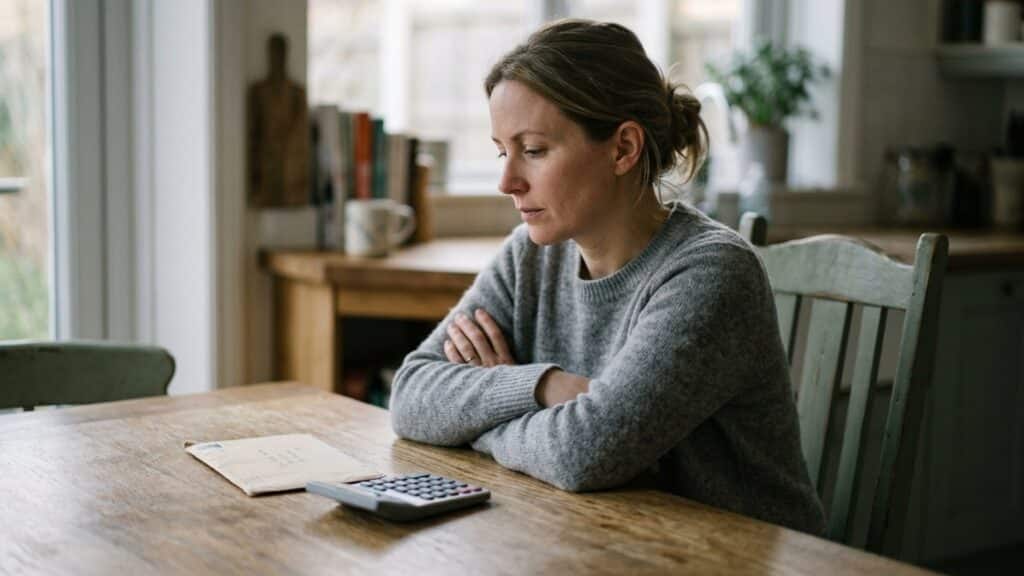 A letter and a calculator on a kitchen table, someone sitting back in the chair