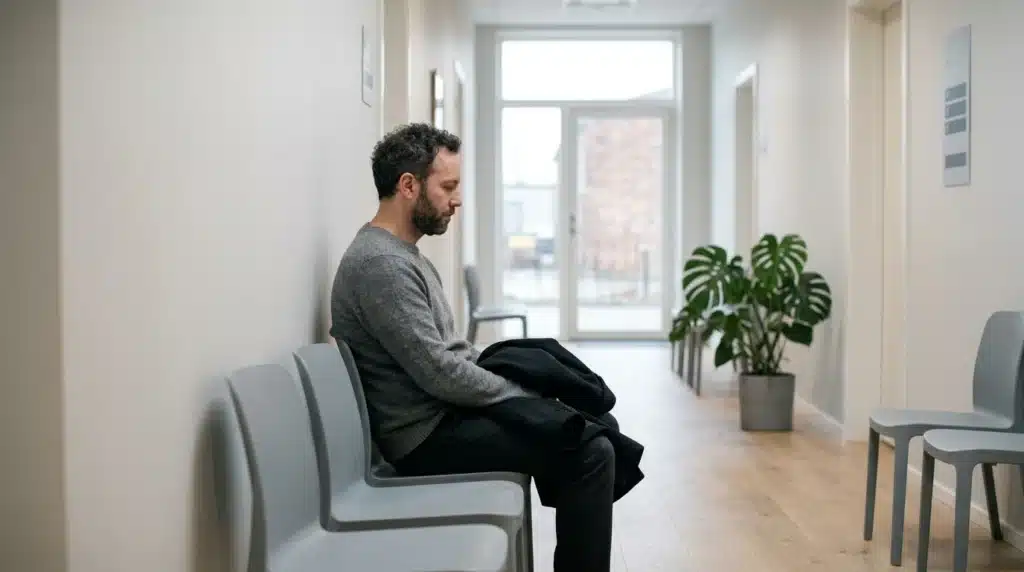 A man sitting alone on a chair in an empty, light-filled hallway with plants