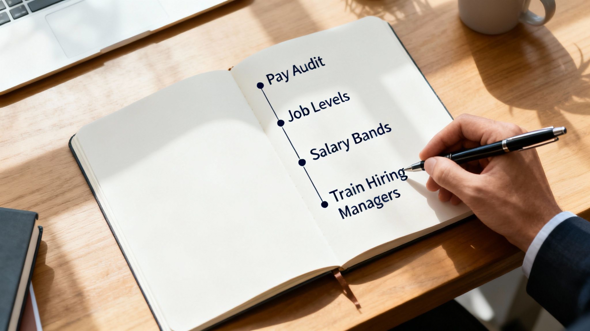 A person writing in a notebook with a list about pay audits, job levels, and salary bands.