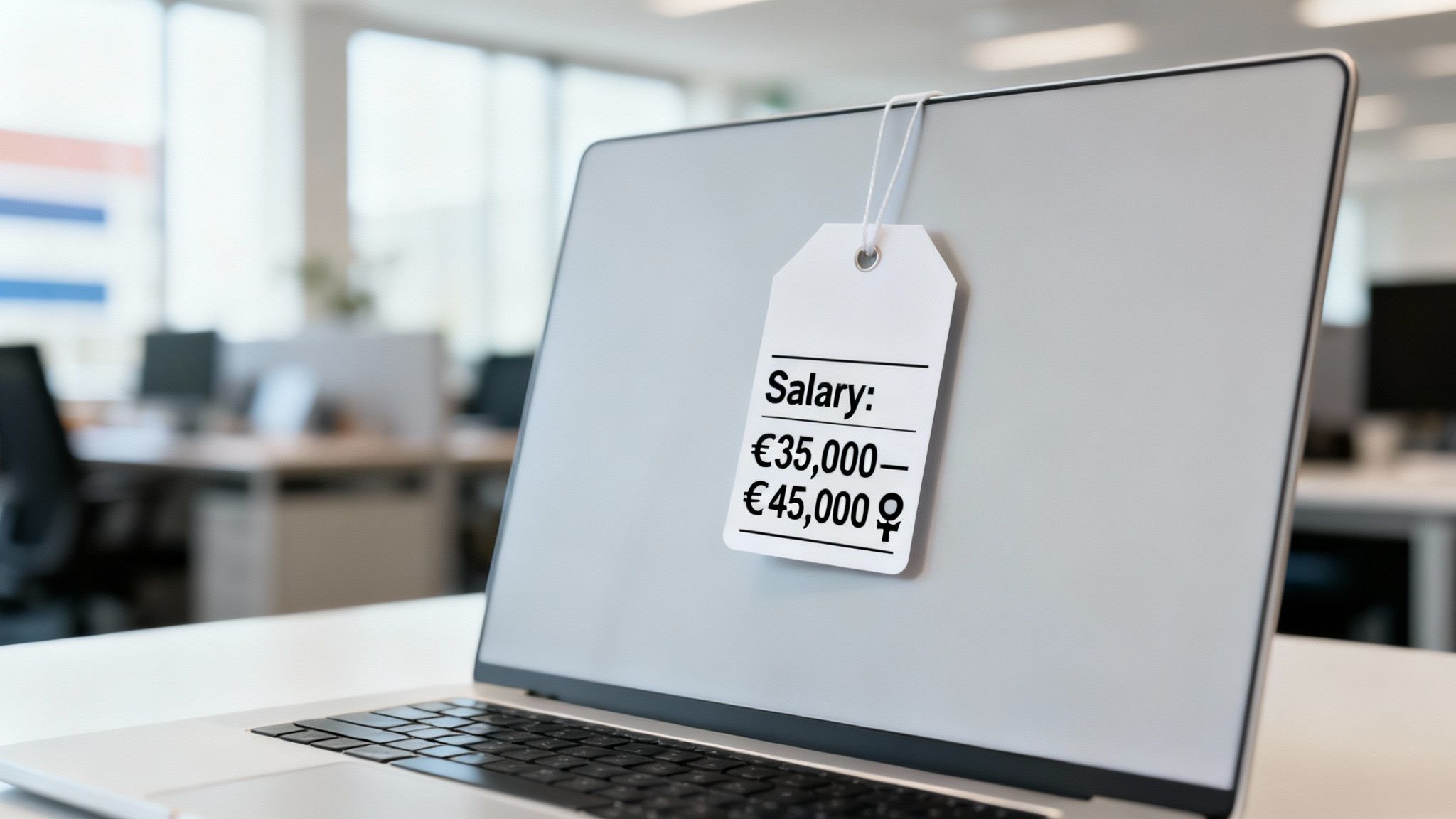 A laptop screen displays a tag with salary figures of €35,000 and €45,000 for women.