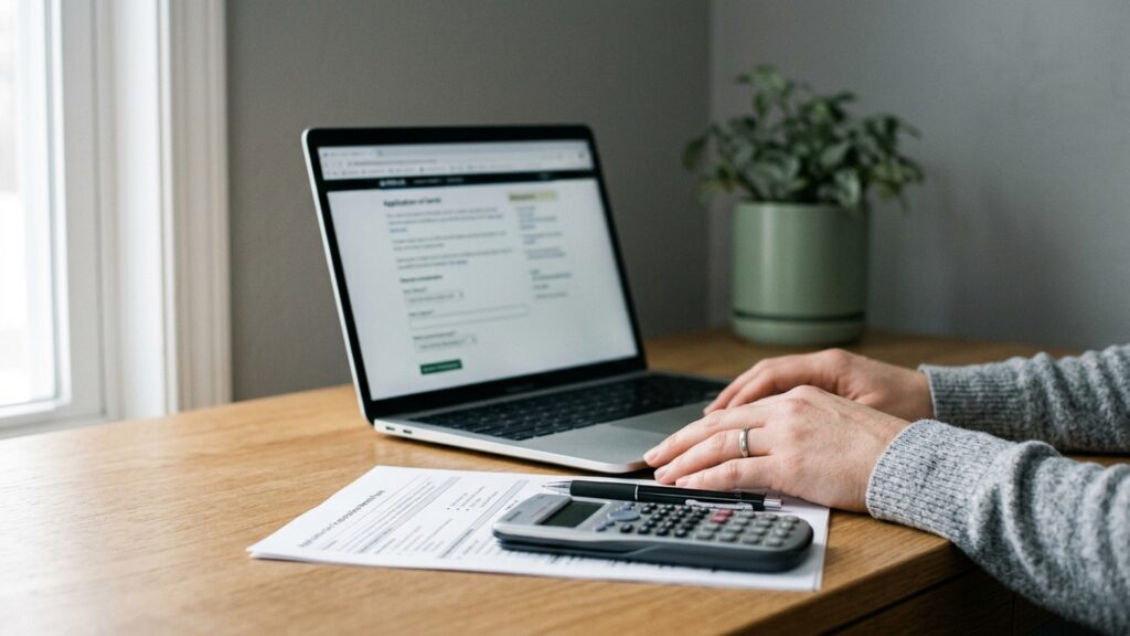 A subsidy application form on a laptop beside a printed permit, a calculator and a pen