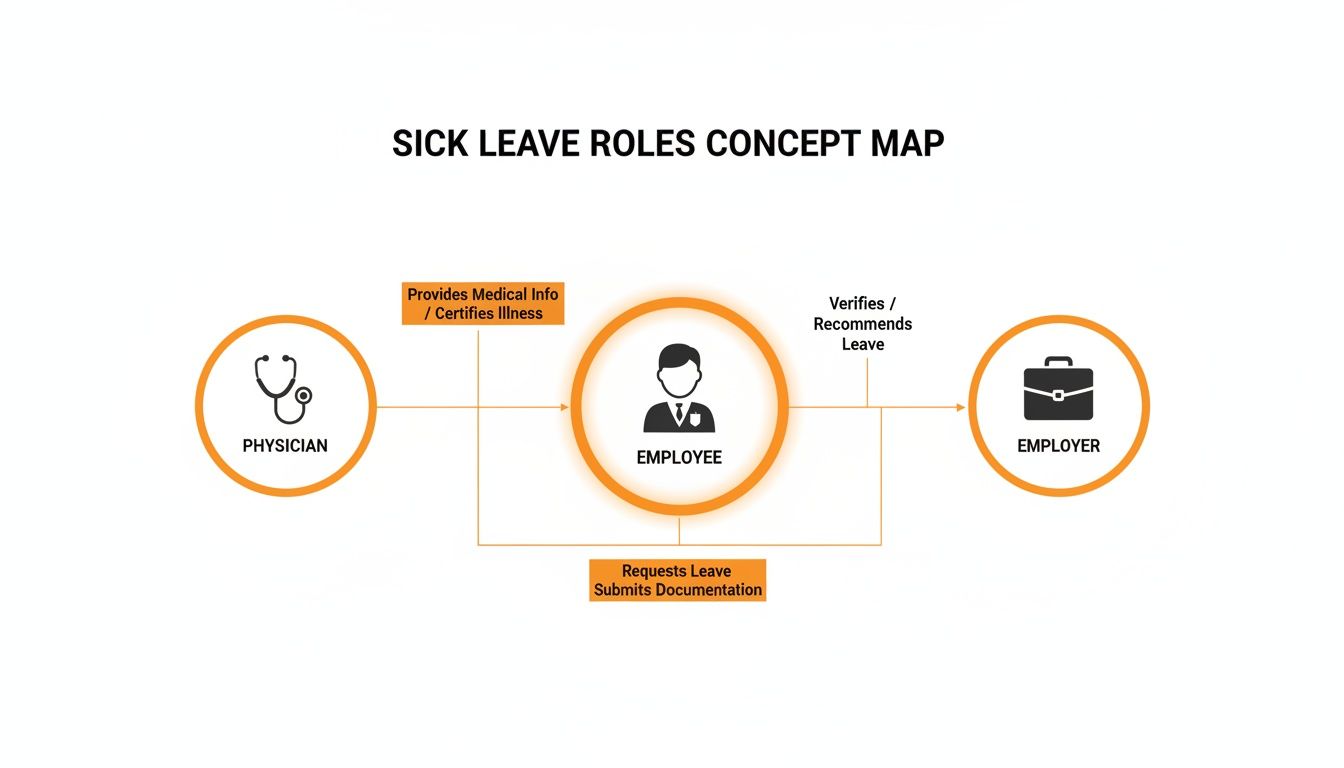 Concept map illustrating sick leave roles: Physician provides medical info, Employee requests, Employer verifies leave.