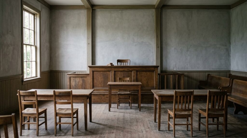 A small, plainly furnished subdistrict courtroom with a table for each party