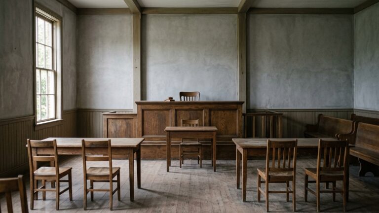 A small, plainly furnished subdistrict courtroom with a table for each party
