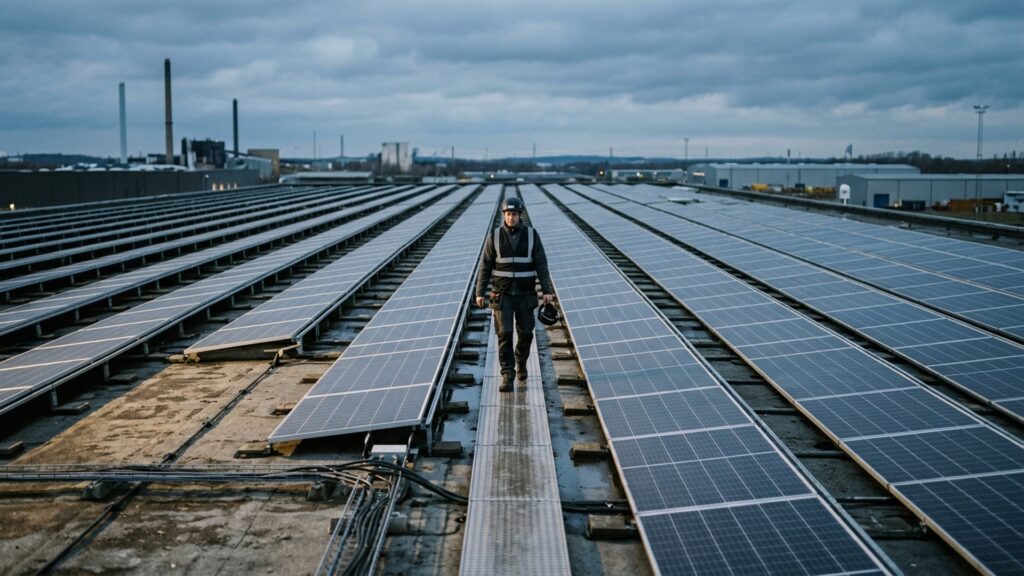 Solar panels covering a large flat industrial roof in the late afternoon light
