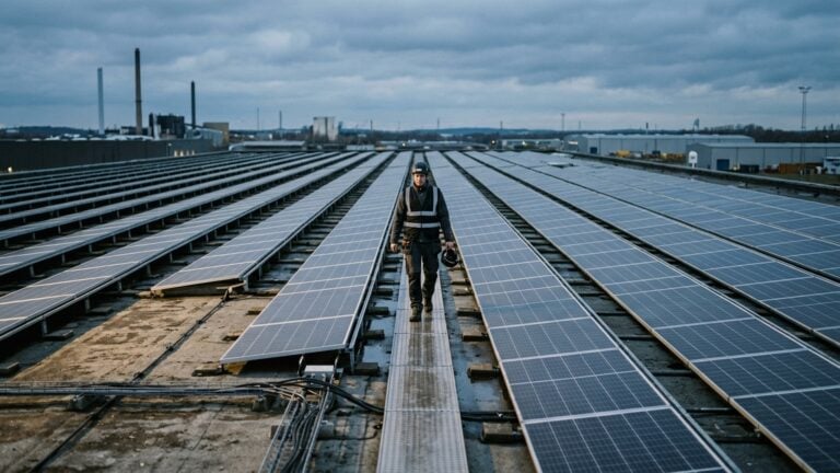 Solar panels covering a large flat industrial roof in the late afternoon light