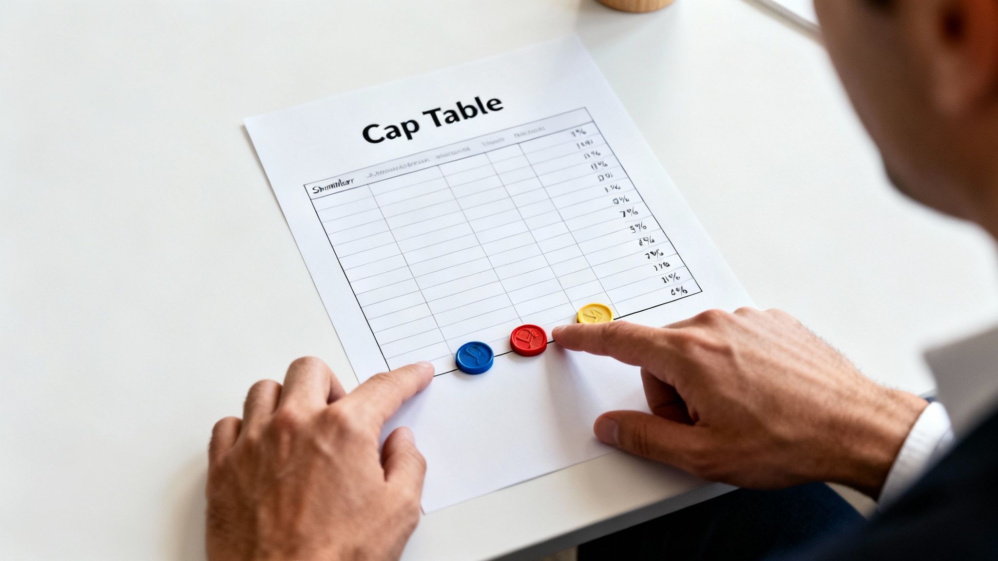 Person analyzing a Cap Table document with colored tokens on a white desk.