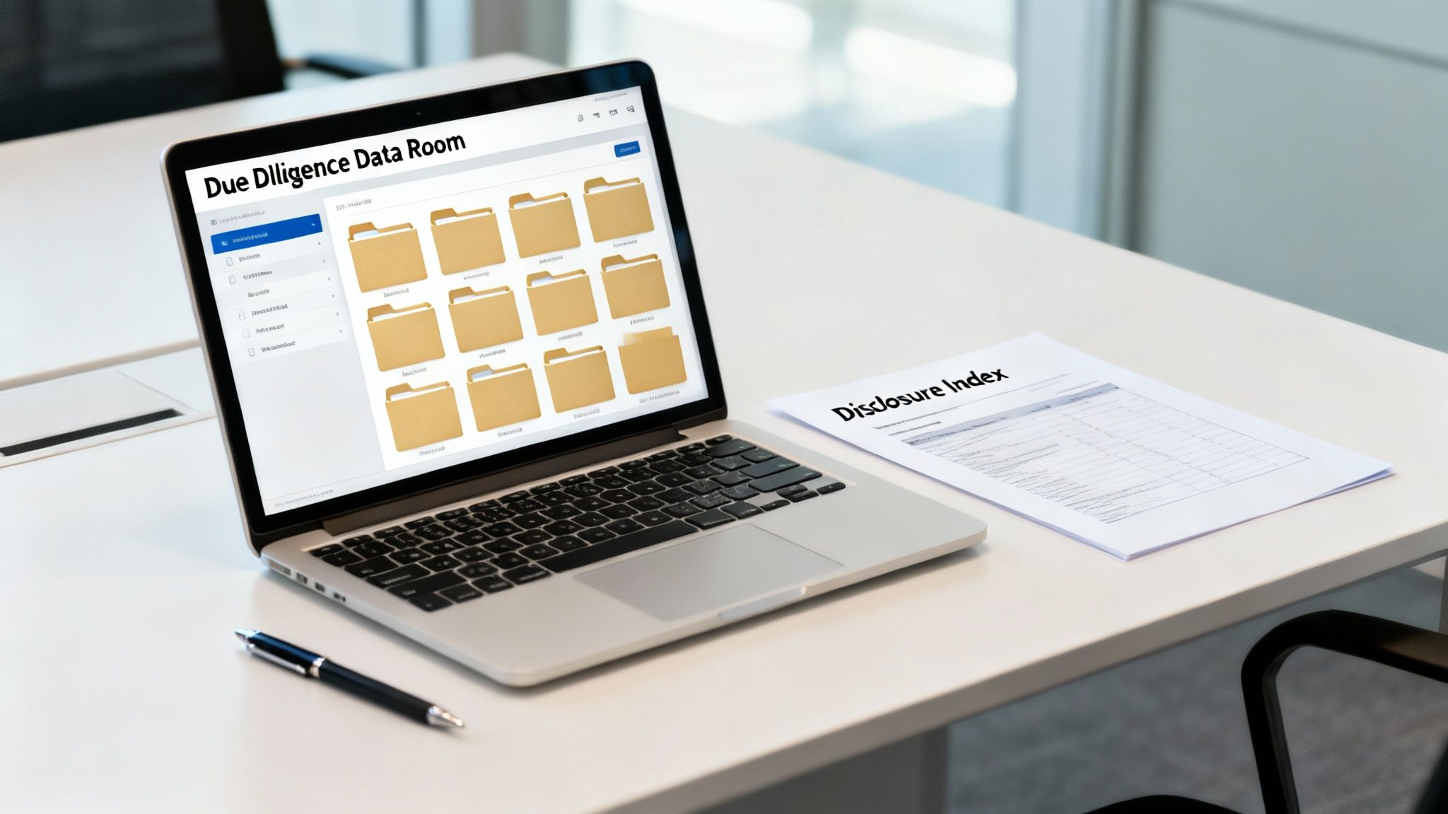 Due diligence data room on a laptop screen next to a disclosure index document and pen.