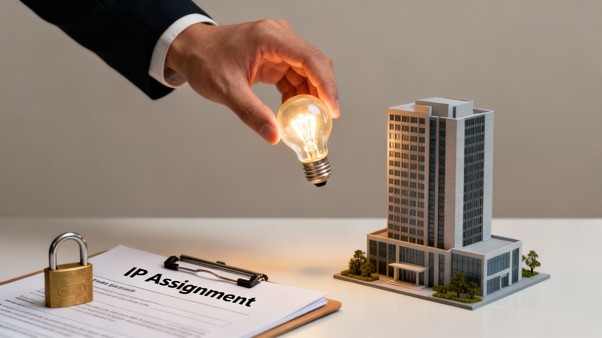 A hand holds a glowing light bulb above a building model, next to an 'IP Assignment' document and a padlock.