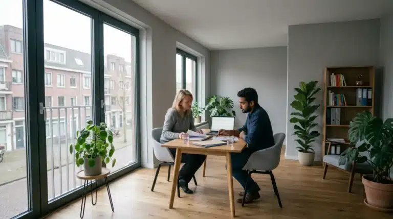 Two people working with a laptop and papers at a table beside large windows in a bright office