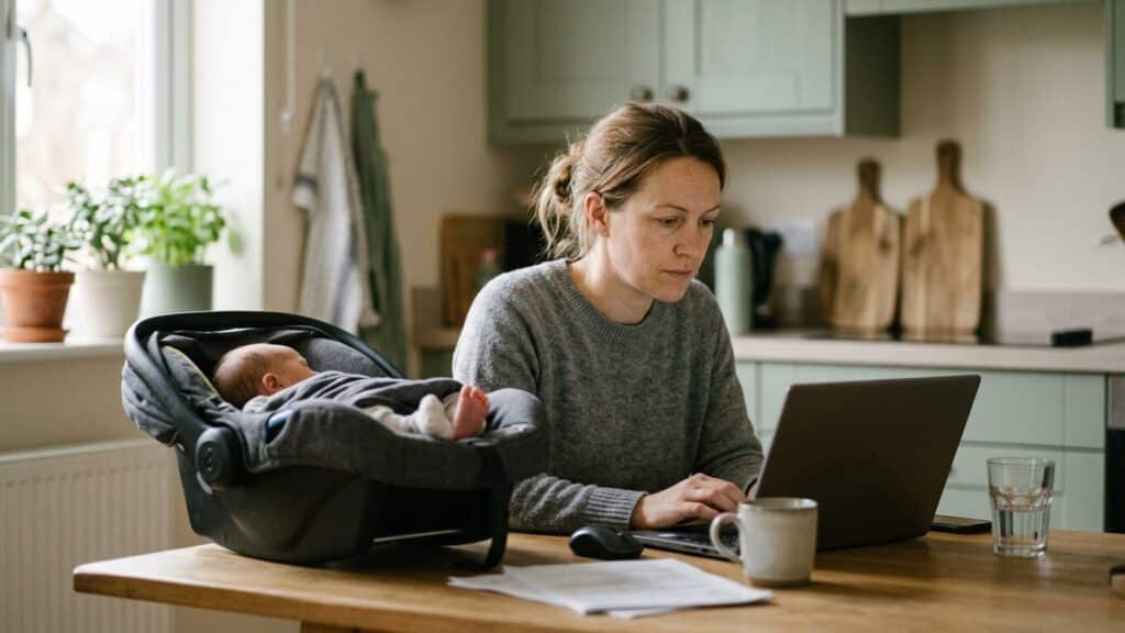 A parent working at a laptop in a home kitchen with a baby carrier on the table beside them