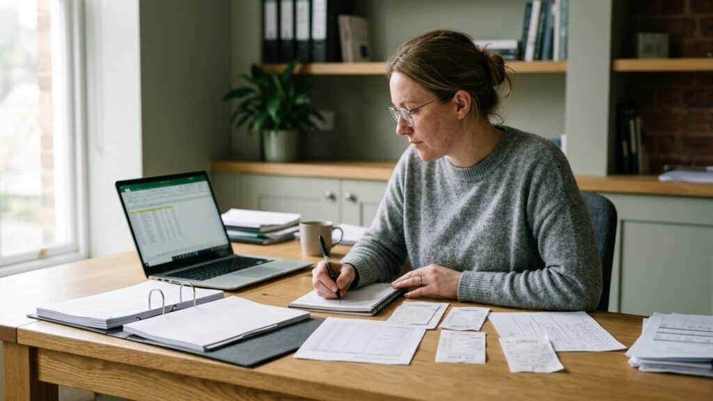 A project manager checking hours records and receipts against a spreadsheet on screen