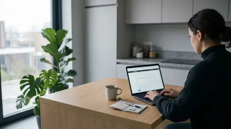 A woman working on a laptop at a table in a kitchen