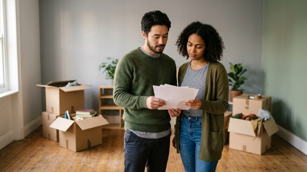 A young couple standing in the living room of a Dutch rental flat holding a document