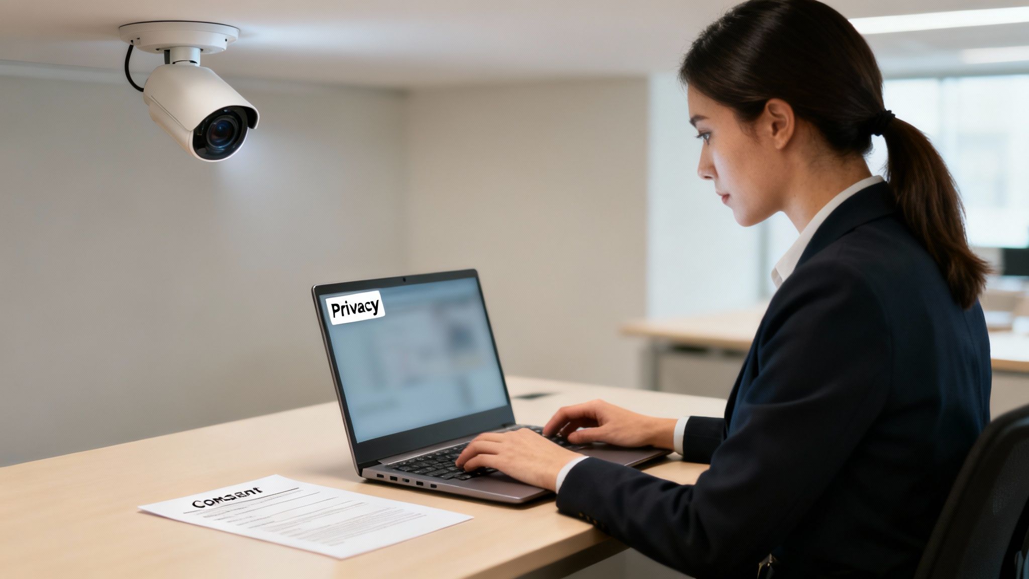 A woman types on a laptop under a security camera, with 'Privacy' on screen and a 'Consent' form.