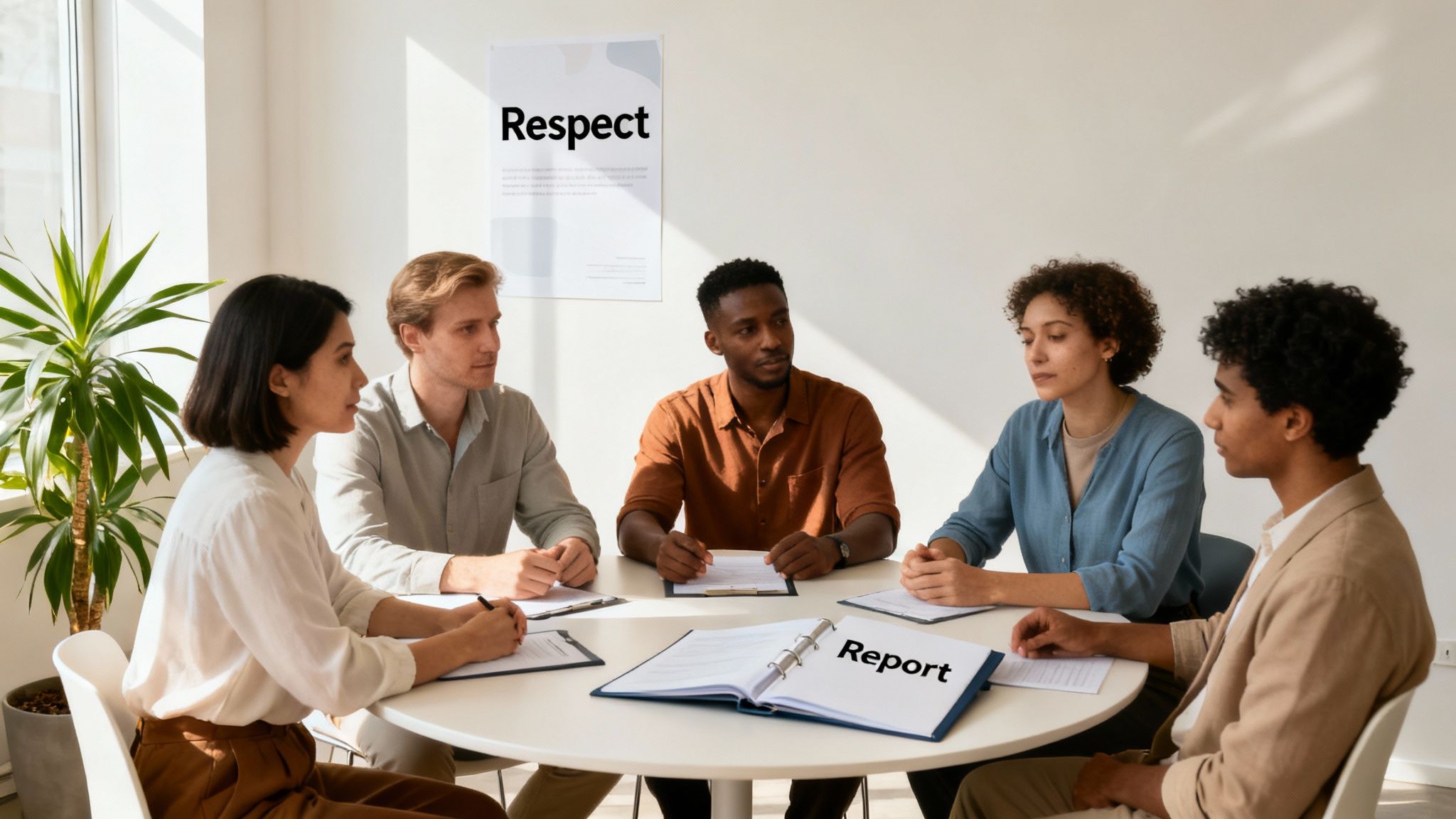 Five diverse professionals discussing documents around a table in a bright office meeting.