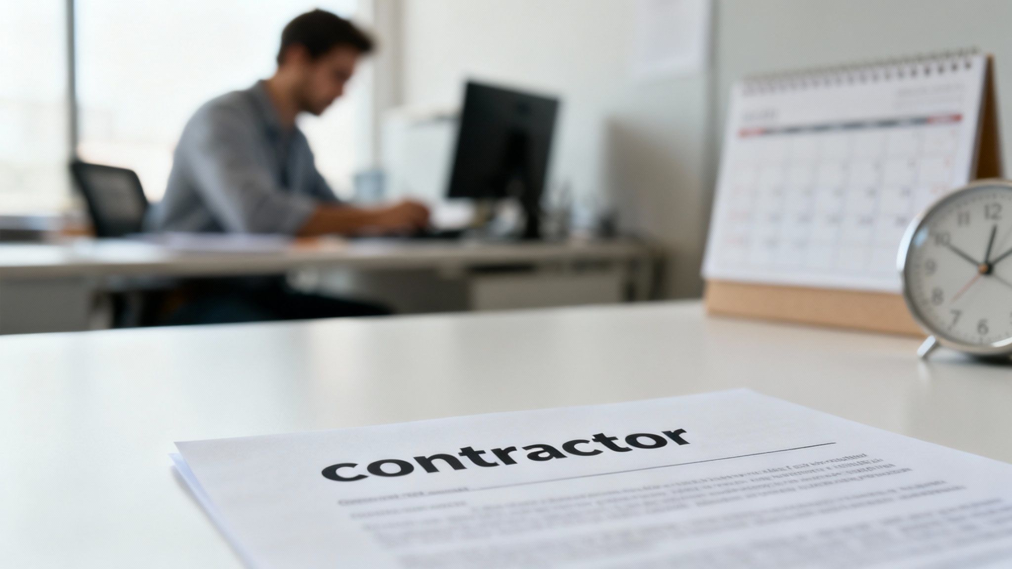 A document titled 'contractor' on a white desk with a blurred person working in the background.