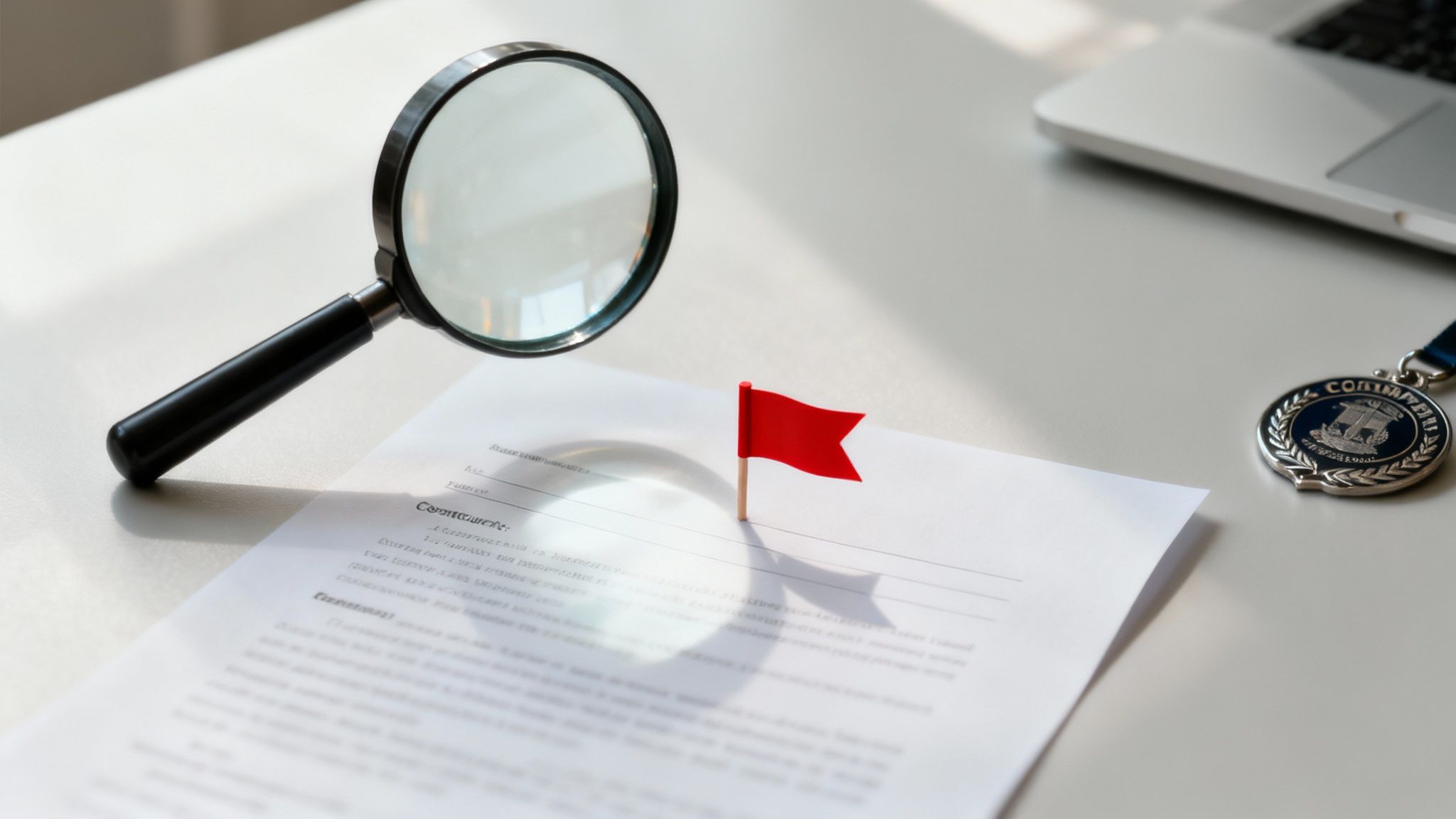 A magnifying glass on a document with a red flag, next to a medal and laptop.
