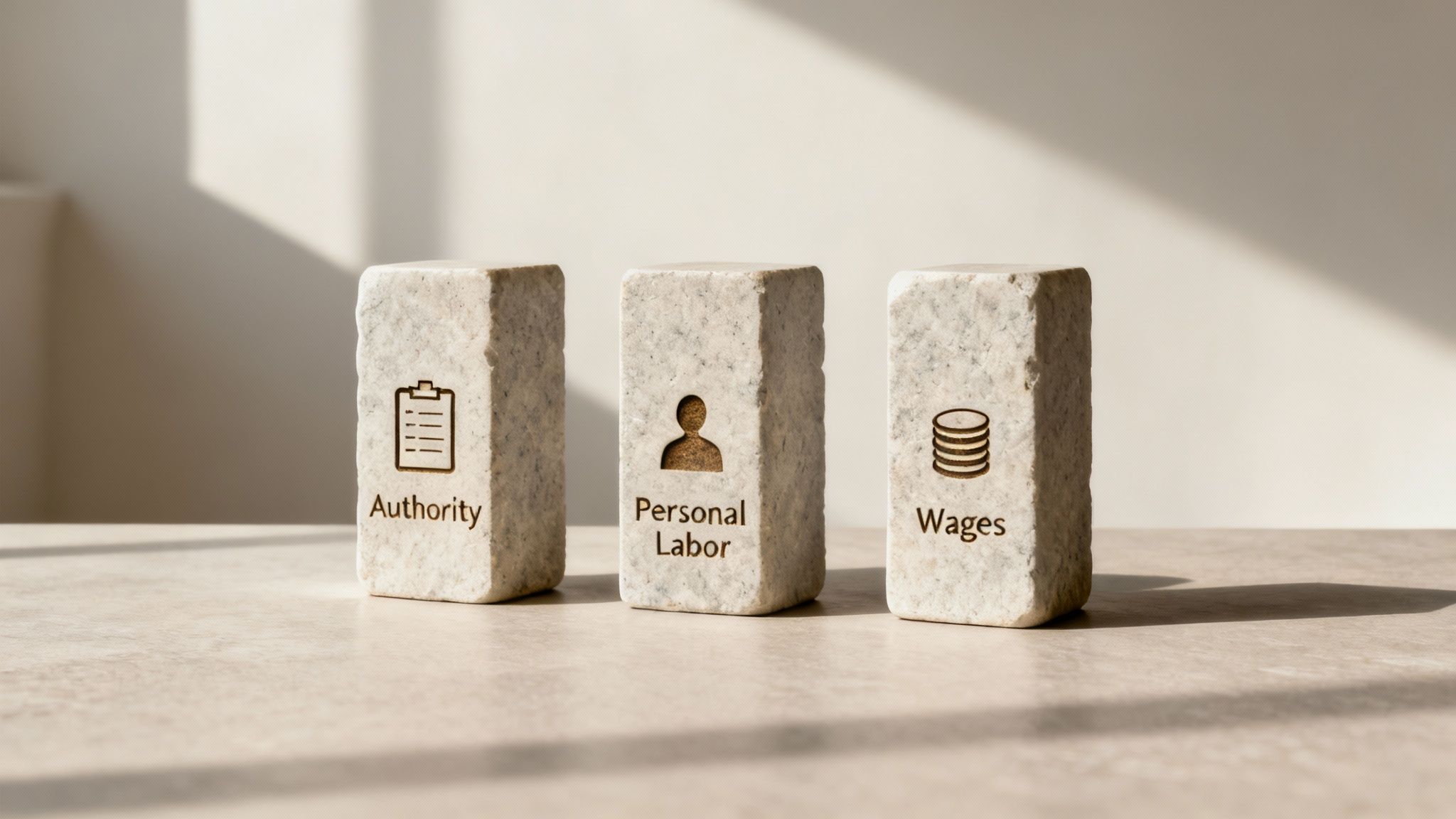 Three stone blocks symbolize Authority, Personal Labor, and Wages, representing key employment concepts.