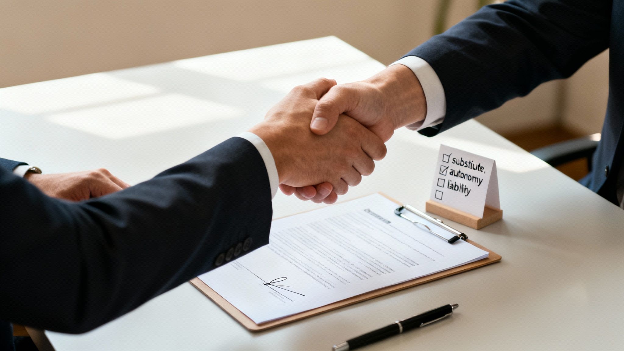 Two business professionals in suits shake hands over a signed contract, discussing terms like autonomy.