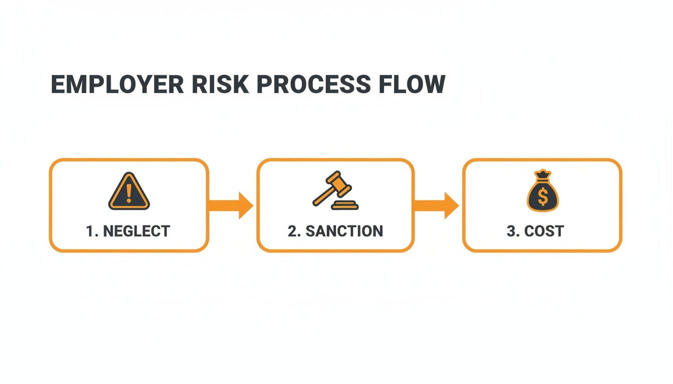 Flowchart illustrating the employer risk process flow from neglect to sanction and cost.
