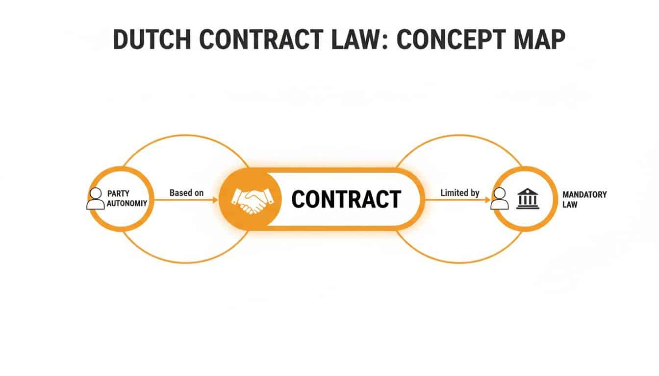 Concept map illustrating Dutch contract law, showing how contracts are based on party autonomy and limited by mandatory law.