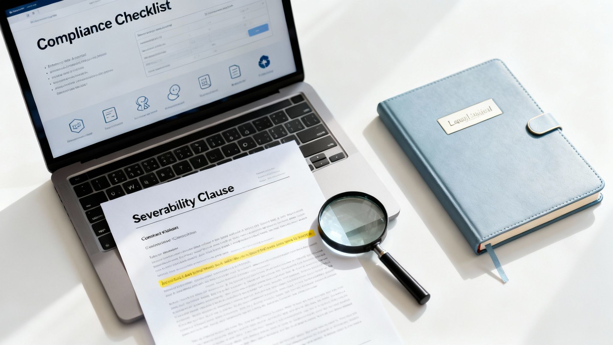 A laptop with a compliance checklist, a severability clause document, a magnifying glass, and a legal notebook.
