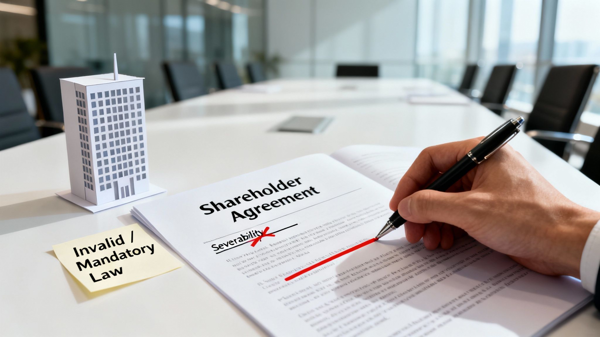 A hand signs a Shareholder Agreement, highlighting severability issues with mandatory law, next to a building model.