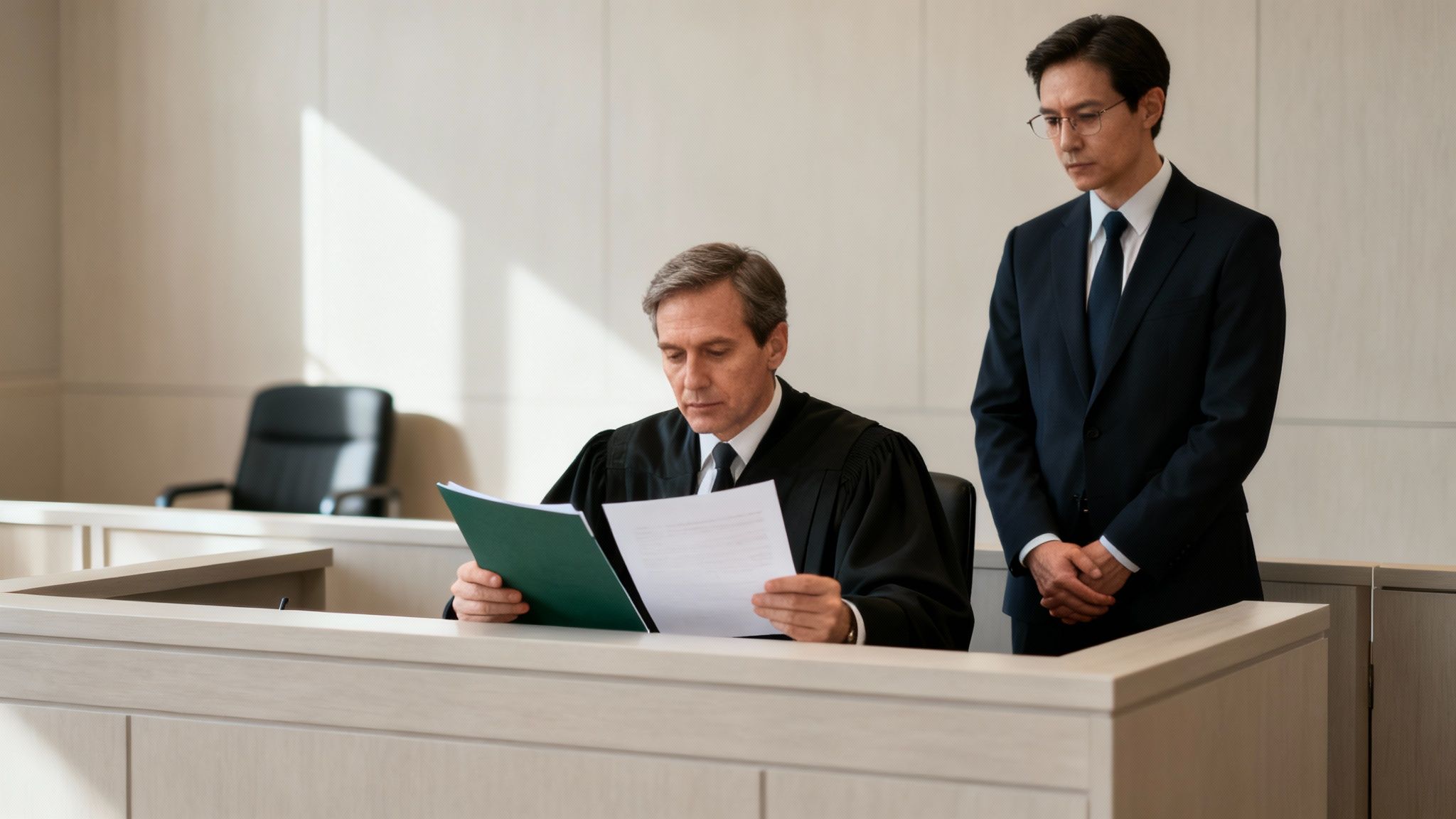 A judge in a black robe reads documents at a court bench, with a man in a suit standing.