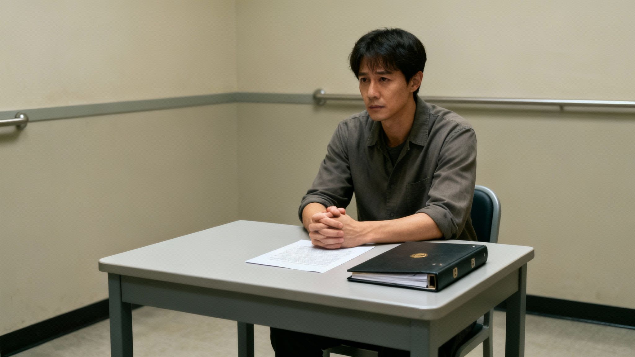 A man with clasped hands sits at a grey table with documents in an interview room.