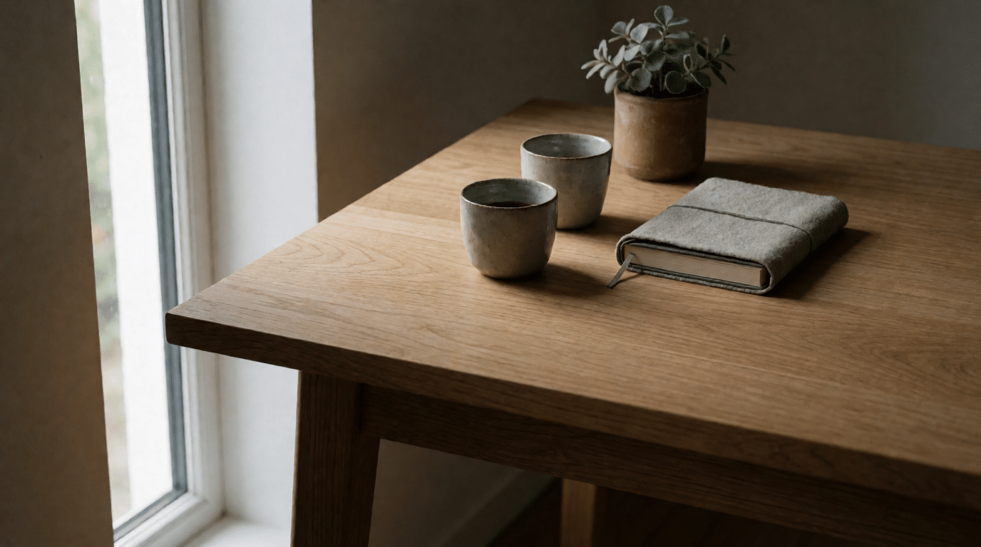 Oak table with two coffee cups, a closed notebook and a small potted plant by a tall window