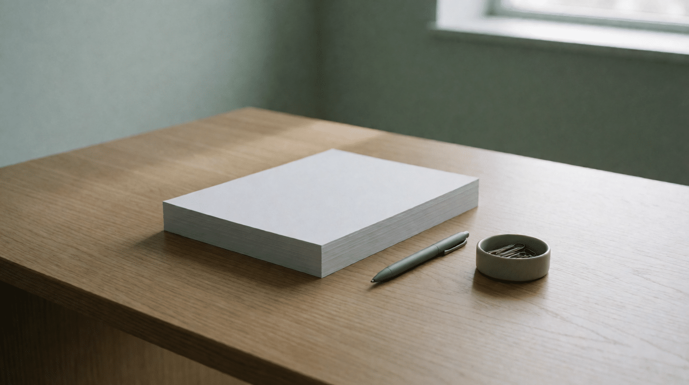 Stack of neatly squared blank documents with a pen and a paper clip holder on a desk