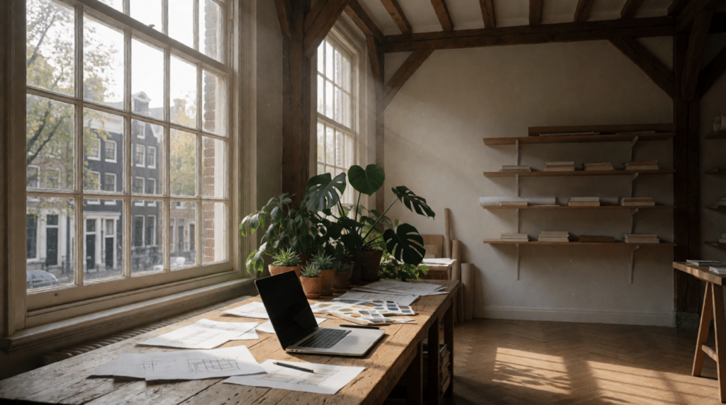 Small design studio in an Amsterdam canal house with a laptop and sketches on a wooden table
