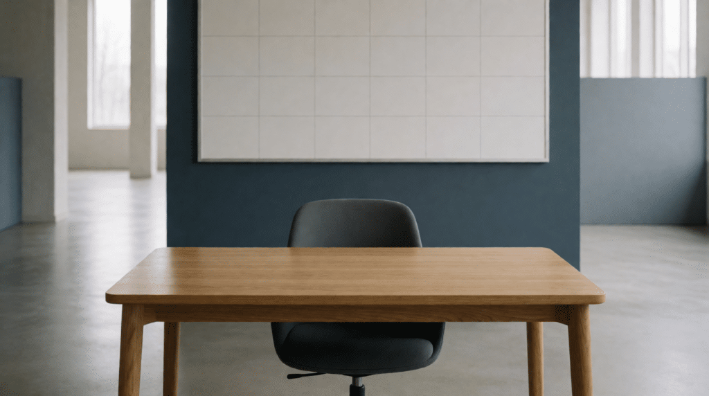 Half-empty office with one abandoned desk and a planning board