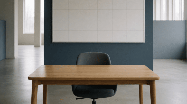 Half-empty office with one abandoned desk and a planning board