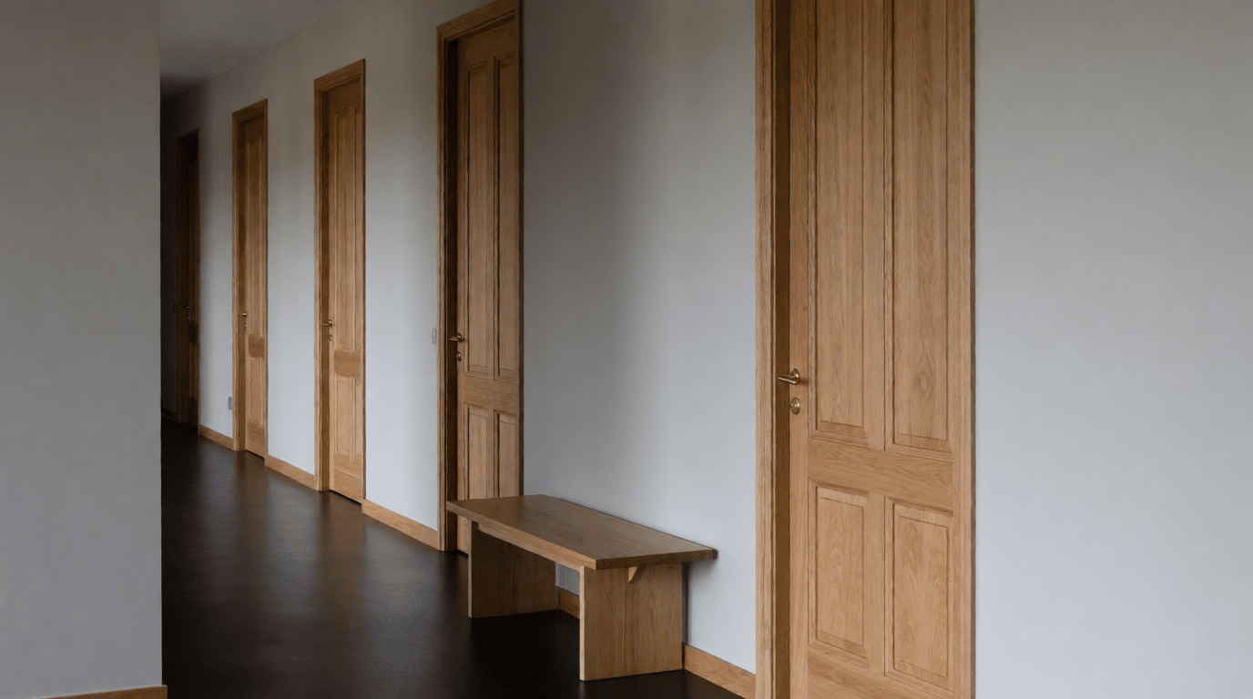 Office corridor with oak doors, grey walls and a bench, daylight from a side window