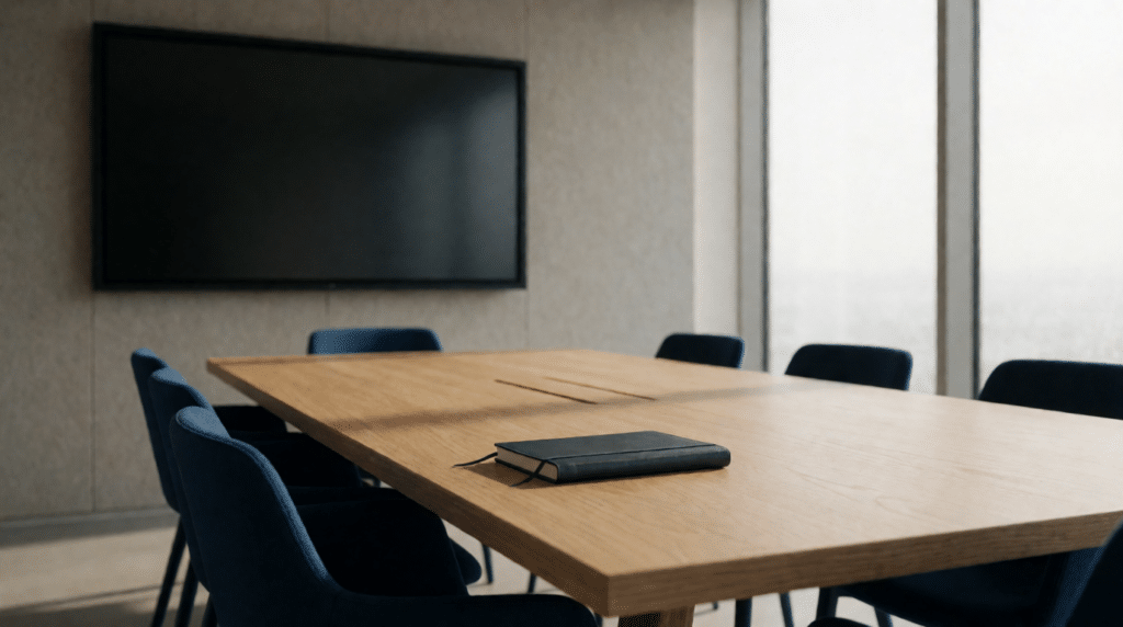 Empty meeting room with a blank screen and a closed notebook