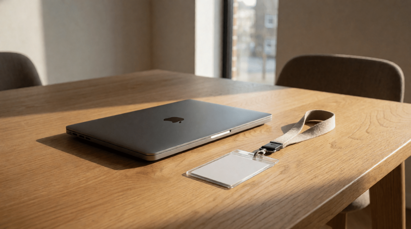 Laptop and a lanyard badge holder on an oak table beside a window, daylight from the side