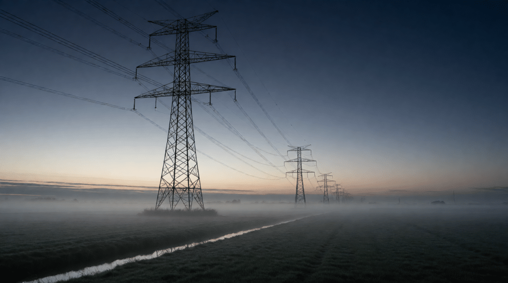 High-voltage pylons in a Dutch polder at first light