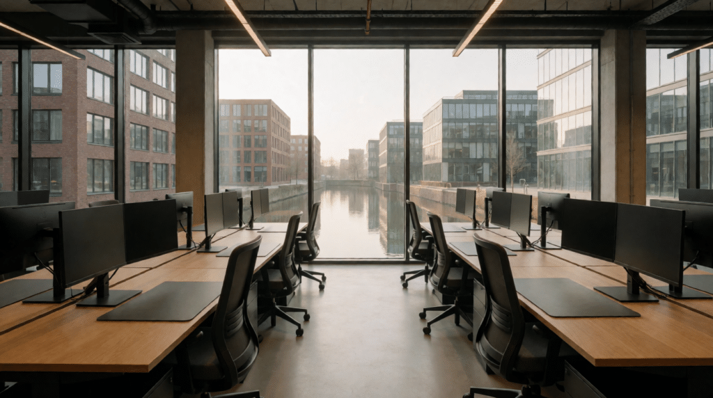 Modern open-plan office with desks and monitors and large windows overlooking a canal