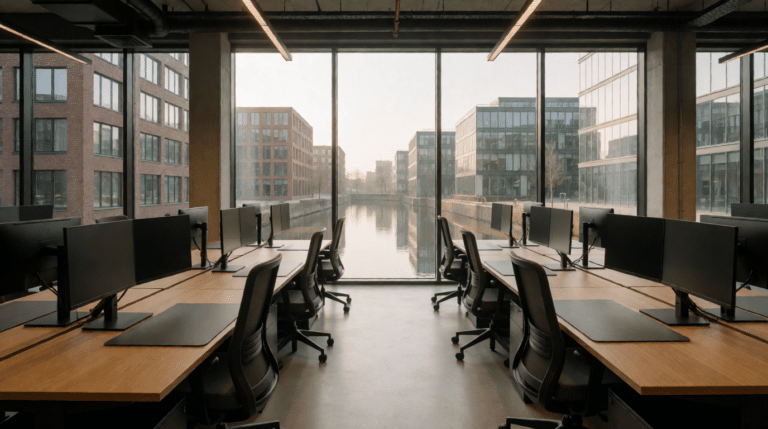 Modern open-plan office with desks and monitors and large windows overlooking a canal