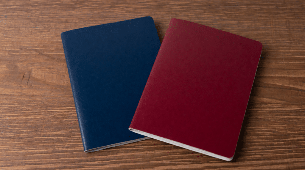 Two closed passports on a wooden desk next to a pen and a folder